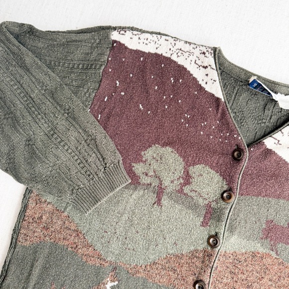 vtg Northern Treasures green fox duck horse mushroom cardigan sweater XL - Picture 6 of 7